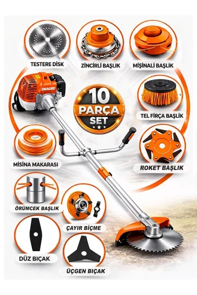 Dragro German DRG-10 + Yan Tipi Benzinli Ot Çalı Çim Biçme Tırpanı + Full Set Hediyeli T ürün görseli 1