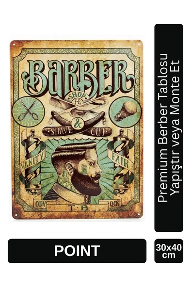 Point Barber Shop Kuaför Salonu İçin Parlak Metal Tablo 30x40 cm PCTR-2005 ürün görseli 1