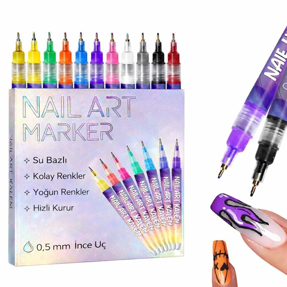 RIVANO 12 Renk Oje Sanatı Kalemi Seti, Su Bazlı Hızlı Kuruyan Tırnak Art Kalemi, Çocuklar ve Yetişkinler İçin Kolay Tırnak Boyama ve Nail Art Tasarım Seti ürün görseli 1