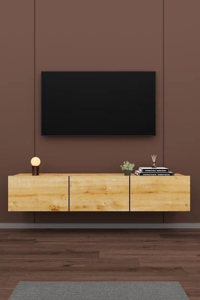 Modern Duvara Monte TV Ünitesi %100 MDF Kapaklı Televizyon Sehpası T-27  SAFİR MEŞE ürün görseli 1