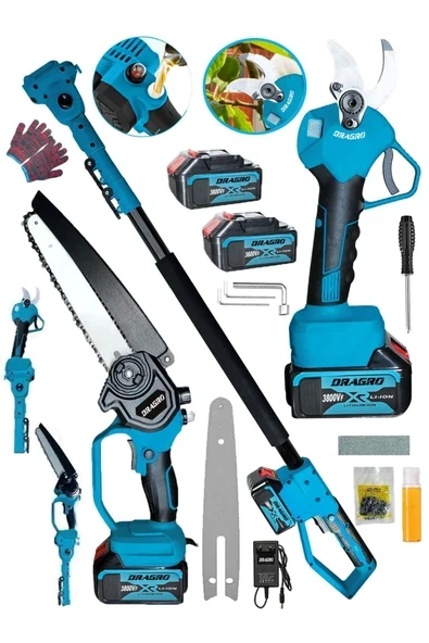 DRAGRO Alman 2'li Süper Set  3800 Vf 30 Ah Daflong Seri 2 Akülü Yağ Pompali Şarjlı  Budama Makası Testere ürün görseli 1