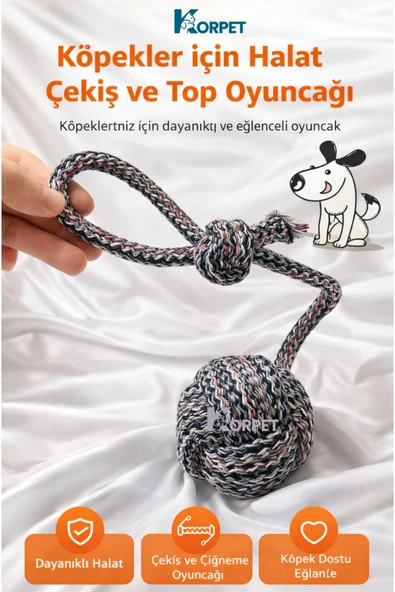 KorPet Dayanıklı Halatlı Top Köpek Oyuncağı – Çekiştirme ve Çiğneme Oyuncağı ürün görseli 1