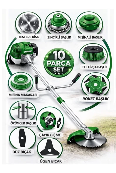 Dragro German DRG-10 + Yan Tipi Benzinli Ot Çalı Çim Biçme Tırpanı + Full Set Hediyeli Y ürün görseli 1