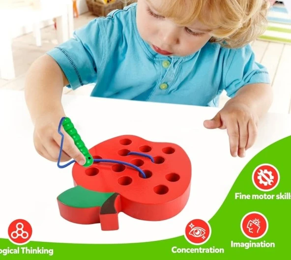 3D Yazıcı Tasarımı Elma Kurdu İp Geçirme Oyunu - Montessori Eğitici Koordinasyon Oyuncağı ürün görseli 1