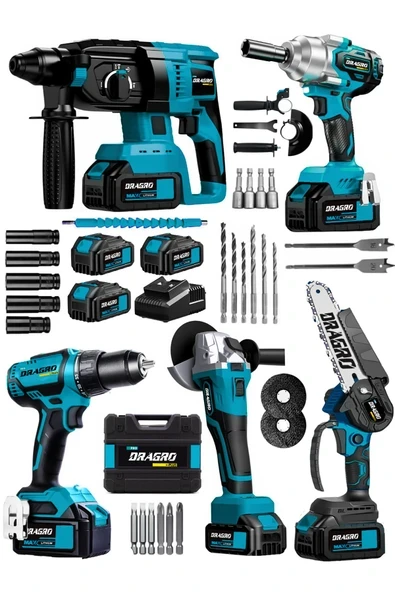 DRAGRO Kömürsüz 21v 5x3 5'li Set Kırıcı Delici Somun Sıkma Taşlama Makinesi Matkap Dal Budama 3 Akülü ürün görseli 1