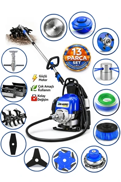 Dragro German DRG-13 + Sırt Tipi Benzinli Ot Çalı Çim Biçme Tırpanı + Full Set Hediyeli M ürün görseli 1