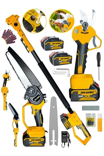 DRAGRO Alman 2'li Süper Set  3800 Vf 30 Ah Daflong Seri 2 Akülü Yağ Pompali Şarjlı  Budama Makası Testere ürün görseli 1