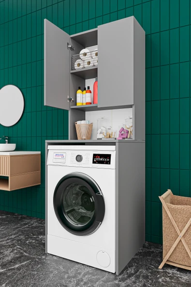 Lüks 2 Kapaklı Çamaşır Makinesi Dolabı %100 MDF 2 Kapaklı Çok Amaçlı Banyo Dolabı BD01  KÜL GRİ ürün görseli 1