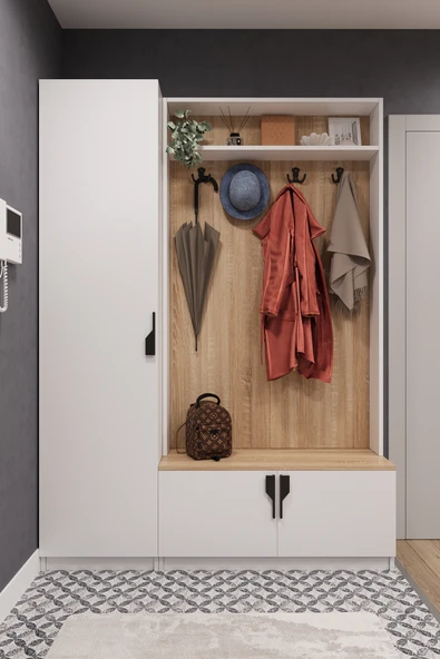 Lüks Çok Raflı Portmanto Askılı Vestiyer %100 MDF Çok Raflı Ayakkabılık V01  Sonamo-Beyaz ürün görseli 1