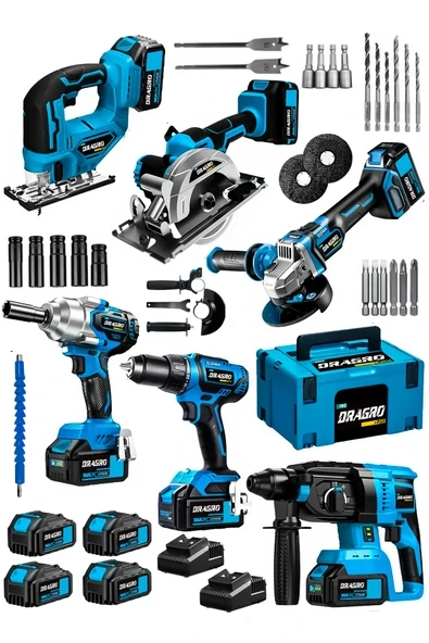 DRAGRO Kömürsüz 21v 6x4 6'li Set Kırıcı Delici Somun Sıkma Taşlama Makinesi Matkap Dekupaj Sunta Kesme ürün görseli 1