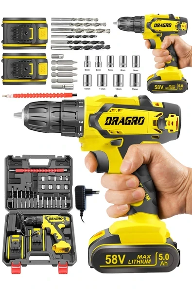 DRAGRO Alman 58 V 5 Ah Darbeli Bakır Sargılı Metal Şanzuman Şarjlı Çift Akülü Vidalama Matkap Sarı Fişli ürün görseli 1