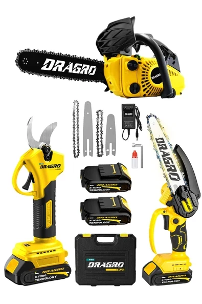 DRAGRO 3'lü Set 25cc Benzinli Odun Ağaç Kesme Motoru 21v Akülü Dal Budama Makası ve Testere ürün görseli 1