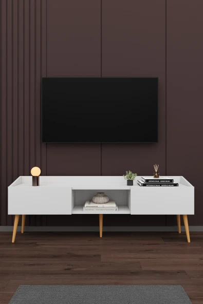Modern TV Ünitesi %100 MDF Kapaklı Ahşap Ayaklı Televizyon Sehpası T28  BEYAZ ürün görseli 1