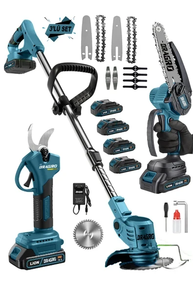 Dragro 3 Lü Bahçe Seti 4 Akü Otomatik Yağlı Testere + Dal Kesme Makası + Akülü Tırpan ürün görseli 1