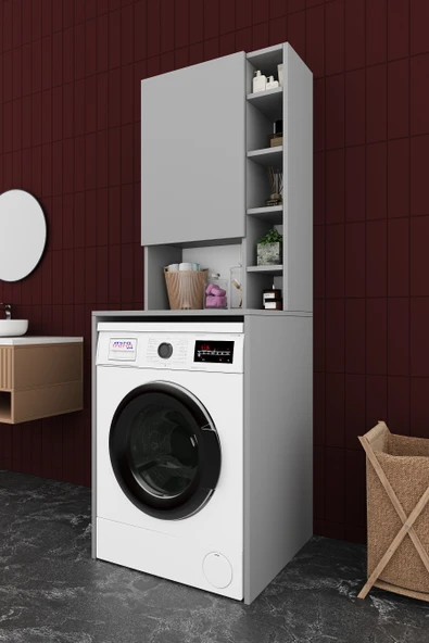 Lüks Dolaplı Çamaşır Makinesi Dolabı %100 MDF Raflı Kapaklı Çok Amaçlı Banyo Dolabı BD02  KÜL GRİ ürün görseli 1