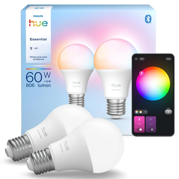 Philips Hue Essential 8W E27 806 Lumen Renkli Akıllı Ampul A60 (2'li Ekopaket) ürün görseli 1