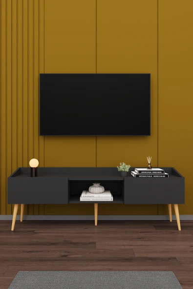 Modern TV Ünitesi %100 MDF Kapaklı Ahşap Ayaklı Televizyon Sehpası T28  ANTRASİT ürün görseli 1