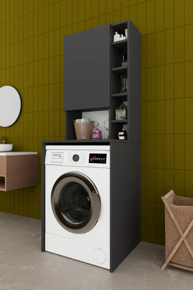 Lüks Dolaplı Çamaşır Makinesi Dolabı %100 MDF Raflı Kapaklı Çok Amaçlı Banyo Dolabı BD02  ANTRASİT ürün görseli 1
