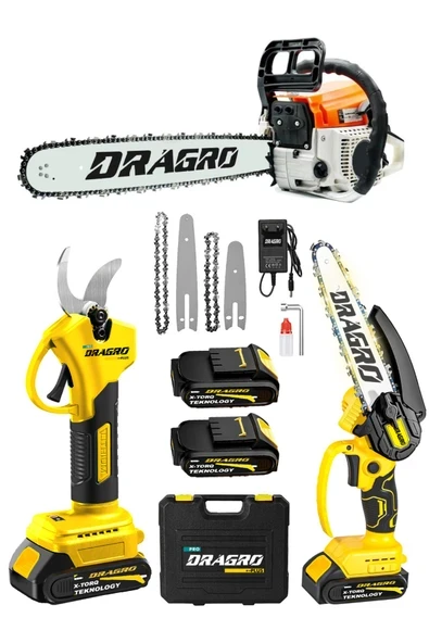 DRAGRO 3'lü Set 9.9 Hp Benzinli Odun Ağaç Kesme Motoru 21v Akülü Dal Budama Makası ve Testere ürün görseli 1
