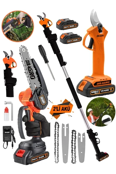 DRAGRO Alman 4x4 598 Vf 20 Ah 2 Li Set 2 Akülü Şarjlı Ağaç Dal Kesme Budama Makası Testere Teleskopik ürün görseli 1