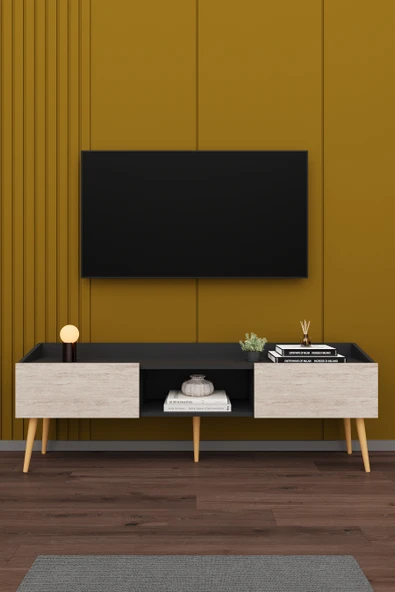 Modern TV Ünitesi %100 MDF Kapaklı Ahşap Ayaklı Televizyon Sehpası T28  ANTRASİT - SİDON ürün görseli 1
