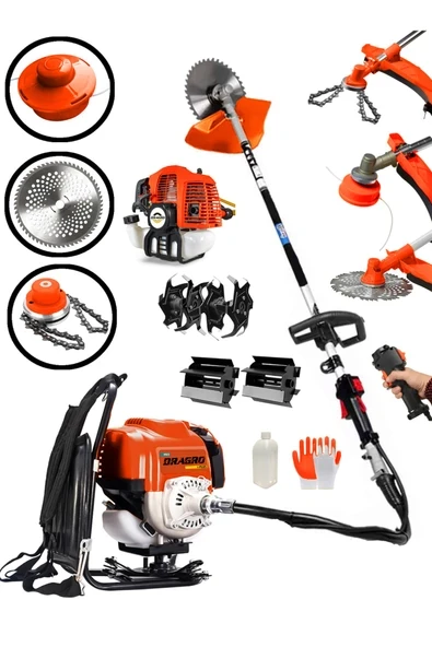 DRAGRO 4x4 2 Zamanlı Sırt Tipi Benzinli Motorlu Ot Çalı Tırpanı Çim Biçme Makinesi 2 Çapalı Bahçe Seti ürün görseli 1