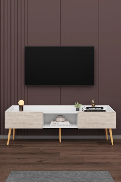 Modern TV Ünitesi %100 MDF Kapaklı Ahşap Ayaklı Televizyon Sehpası T28  BEYAZ - SİDON ürün görseli 1