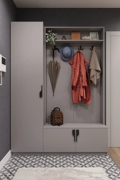 Lüks Çok Raflı Portmanto Askılı Vestiyer %100 MDF Çok Raflı Ayakkabılık V01  KÜL GRİ ürün görseli 1