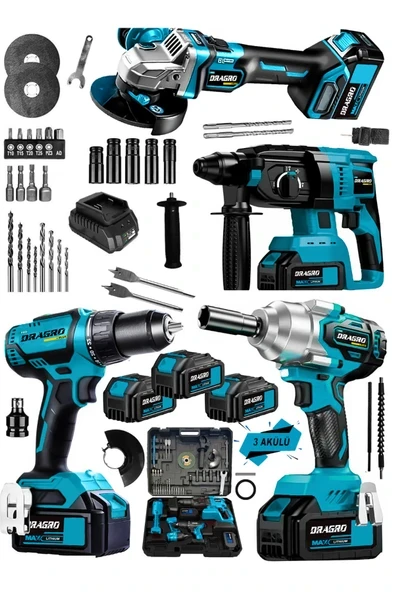 DRAGRO Alman 4 Lü Set Akülü Şarjlı Vidalama Somun Sökme Taşlama Kırıcı Delici Set 3 Akülü ürün görseli 1