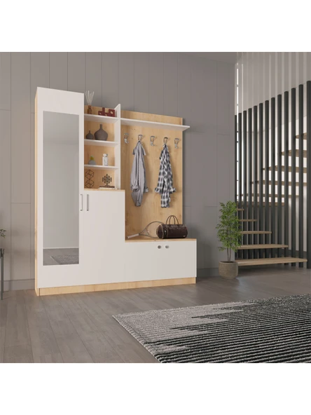Lüks Aynalı Portmanto Askılı Vestiyer %100 MDF Çok Raflı Ayakkabılık V03  BEYAZ - SAFİR MEŞE ürün görseli 1