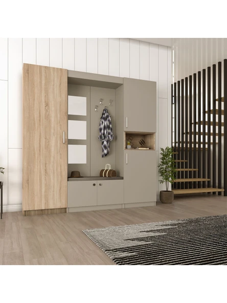 Lüks Aynalı Portmanto Askılı Vestiyer %100 MDF Çok Raflı Ayakkabılık V04  KÜL GRİ - SONOMO ürün görseli 1