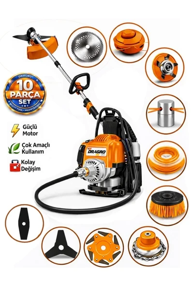 Dragro German DRG-10 + Sırt Tipi Benzinli Ot Çalı Çim Biçme Tırpanı + Full Set Hediyeli T ürün görseli 1