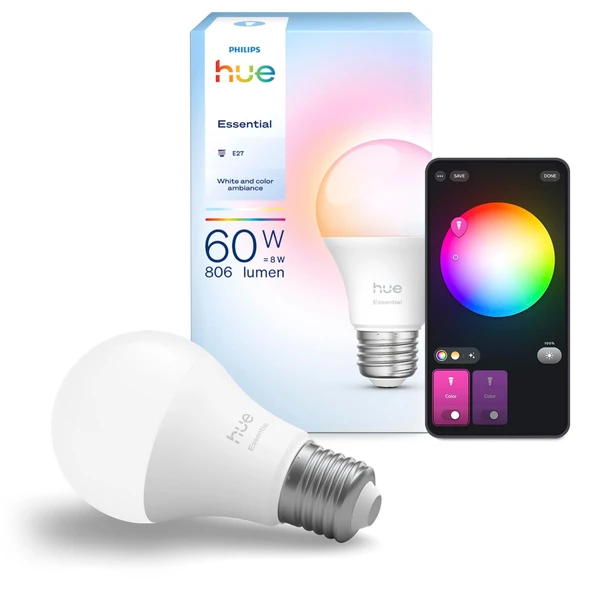 Philips Hue Essential 8W E27 806 Lumen Renkli Akıllı Ampul A60 ürün görseli 1