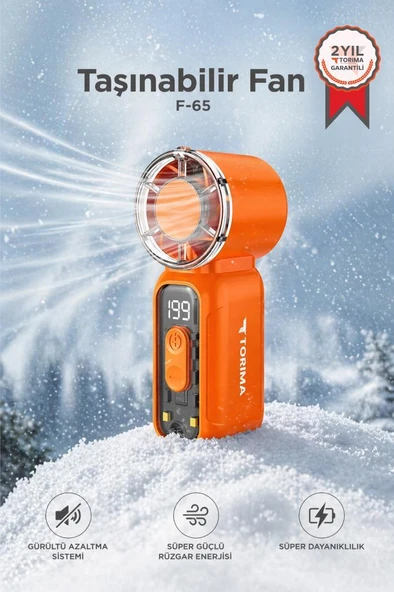 Şarjlı El Vantilatörü Fener Özellikli Taşınabilir Mini Fan F65 Turuncu ürün görseli 1