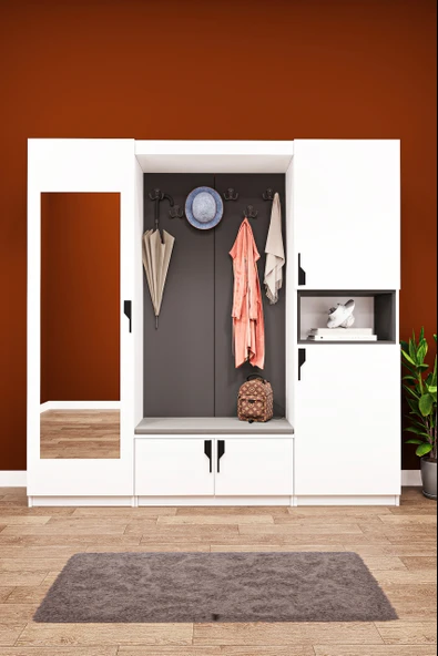 Lüks Puflu Aynalı Portmanto Askılı Vestiyer %100 MDF Çok Raflı Modern Ayakkabılık Dolabı V06  BEYAZ - ANTRASİT ürün görseli 1