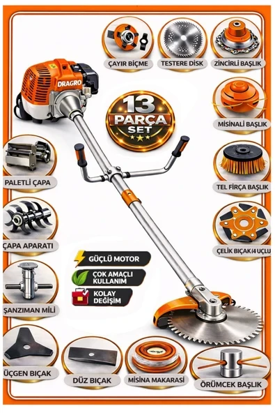 Dragro German DRG-13 + Yan Tipi Benzinli Ot Çalı Çim Biçme Tırpanı + Full Set Hediyeli + Çift Çapa T ürün görseli 1
