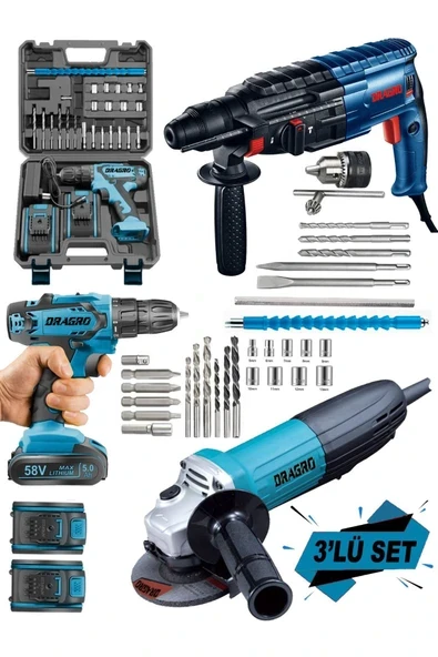 DRAGRO Alman Pro 3 Lü Set 3000 W Taşlama-4200 W Kırıcı Delici Hilti-58 V Setli Şarjlı Matkap ürün görseli 1