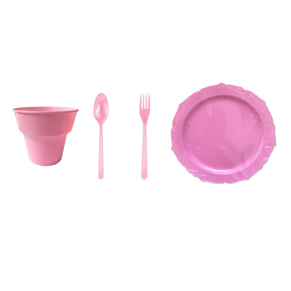 Omeyva 26 Cm. Plastik Mika Pembe Sorfa Piknik Seti - 6 Kişilik Tabak Bardak Çatal Kaşık Takımı ürün görseli 1