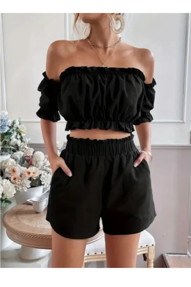 TANE TASARIM Kadın Kolsuz Madonna Yaka Crop Şort İkili Alt Üst Siyah Keten Takım 024 ürün görseli 1
