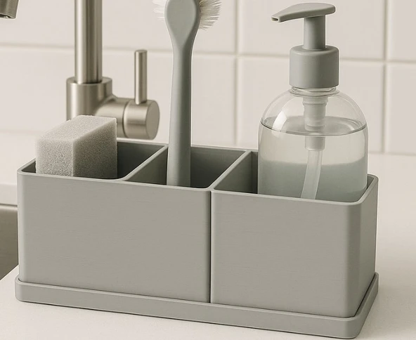 Modern 3 Bölmeli Mutfak Lavabo Düzenleyici Seti - Estetik Bulaşık Süngeri, Sabunluk ve Fırça Organizer Standı ürün görseli 1