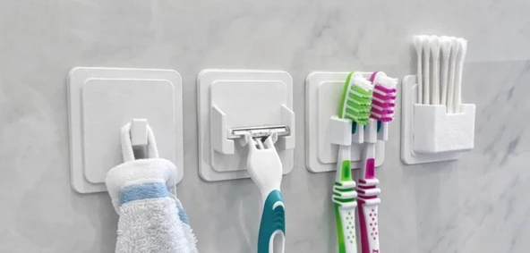4 lü Set Banyo Düzenleyici Organizer - Diş Fırçalık, Jilet Askısı, Havlu Kancası ve Kulak Çubuğu Standı ürün görseli 1