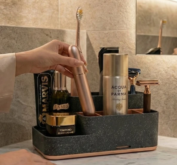 Lüks Banyo ve Makyaj Organizeri - Rose Gold Detaylı Antrasit Düzenleyici Set ürün görseli 1