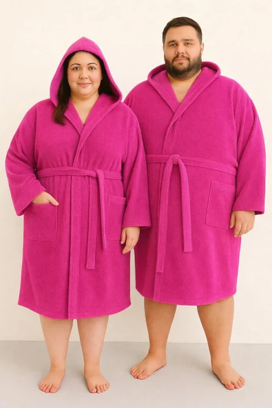 MODELHOME fuşya Renkli Mega Battal Beden Unisex %100 Pamuklu Kapüşanlu Lüks Bornoz (5XL-6XL-7XL Beden) ürün görseli 1