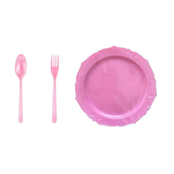 Omeyva 26 Cm. Plastik Mika Pembe Sorfa Piknik Seti - 12 Kişilik Tabak Çatal Kaşık Takımı ürün görseli 1