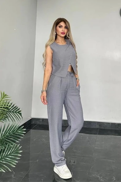 TANE TASARIM Kadın Gabardin Kumaş Alt Üst Takım Gri Yelekli Takım 024 ürün görseli 1