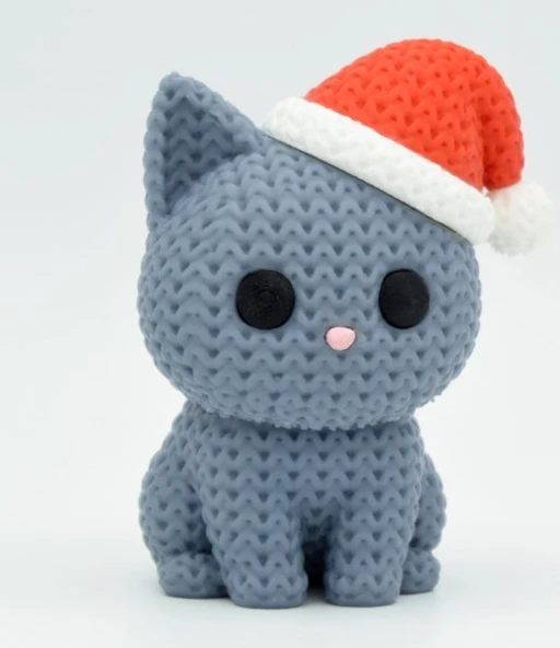 Örgü Dokulu Noel Şapkalı Gri Kedi - 3D Yazıcı Özel Tasarım Biblo ürün görseli 1