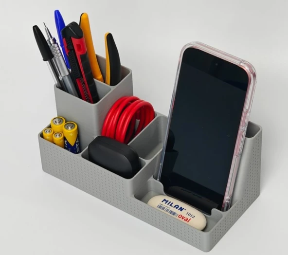 Telefon Standlı Masaüstü Full Organizer Beyaz - 3D Tasarım Kablo Düzenleyici ve Çok Bölmeli Kalemlik ürün görseli 1