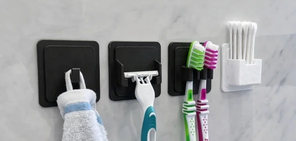 4 lü Set Banyo Düzenleyici Organizer - Diş Fırçalık, Jilet Askısı, Havlu Kancası ve Kulak Çubuğu Standı ürün görseli 1