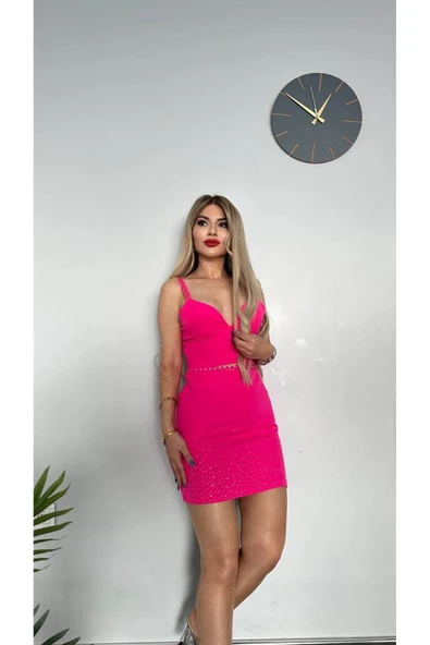 TANE TASARIM Taşlı Pembe Etek Büstiyer Askılı Crop Alt Üst Takım 024 ürün görseli 1