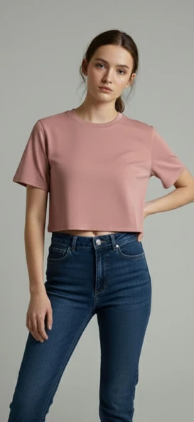 Kadın Pudra & Siyah Basic Crop Tişört %100 Pamuk ürün görseli 1